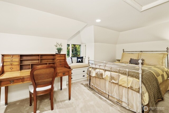 24635 8th Ave S, Des Moines, WA 98198 - bedroom with light carpet, vaulted ceiling, recessed lighting, and attic access