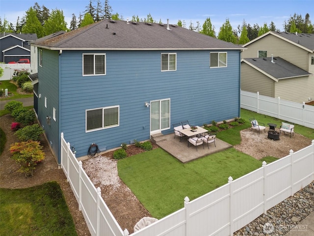 4914 Bering St, Gig Harbor, WA 98332 - rear view of property featuring an outdoor fire pit, a patio area, and a shingled roof