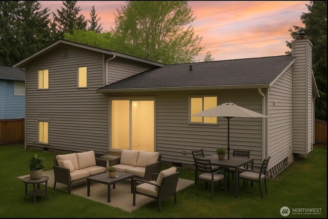 12515 NE 107th Pl, Kirkland, WA 98033 - back of house featuring outdoor lounge area, a chimney, a lawn, and a shingled roof