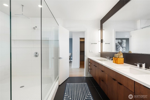7734 Seward Park Ave S, Seattle, WA 98118 - full bath featuring tiled shower, tile patterned floors, double vanity, and recessed lighting