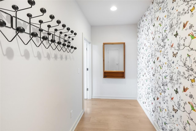 7734 Seward Park Ave S, Seattle, WA 98118 - hallway with light wood-style flooring, baseboards, recessed lighting, and wallpapered walls