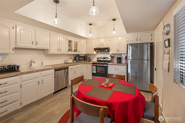 250 Tucker Ave Unit 25, Friday Harbor, WA 98250 - kitchen with appliances with stainless steel finishes, under cabinet range hood, a sink, decorative backsplash, and white cabinetry