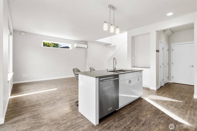 4720 Spring Vista Way, Bellingham, WA 98226 - kitchen featuring a sink, stainless steel dishwasher, a wall mounted air conditioner, white cabinetry, and dark wood-style floors