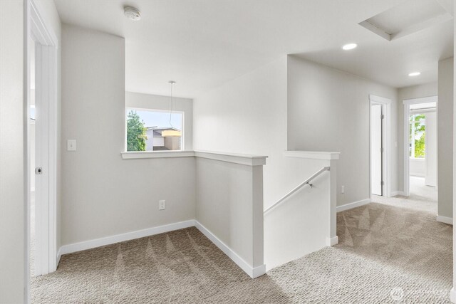 4720 Spring Vista Way, Bellingham, WA 98226 - hall with an upstairs landing, carpet flooring, baseboards, and recessed lighting