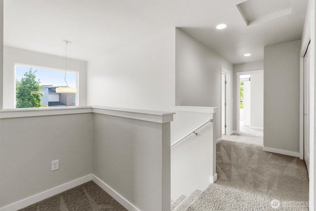 4720 Spring Vista Way, Bellingham, WA 98226 - hall with carpet floors, baseboards, recessed lighting, an upstairs landing, and attic access