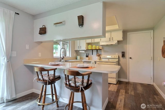 19411 67th St E, Bonney Lake, WA 98391 - kitchen with white range with electric cooktop, under cabinet range hood, a peninsula, a sink, and dark wood finished floors