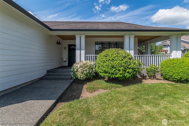 1392 Myers Dr, Ferndale, WA 98248 - property entrance featuring a lawn, covered porch, and a shingled roof