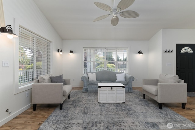 1392 Myers Dr, Ferndale, WA 98248 - living area featuring healthy amount of natural light, a ceiling fan, wood finished floors, baseboards, and vaulted ceiling