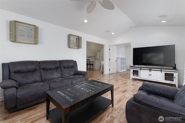 1392 Myers Dr, Ferndale, WA 98248 - living room featuring vaulted ceiling, a ceiling fan, wood finished floors, and recessed lighting