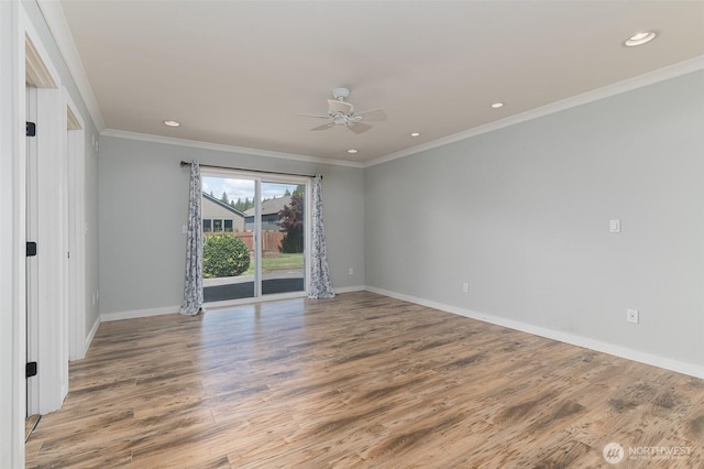 1392 Myers Dr, Ferndale, WA 98248 - empty room with a ceiling fan, wood finished floors, baseboards, ornamental molding, and recessed lighting