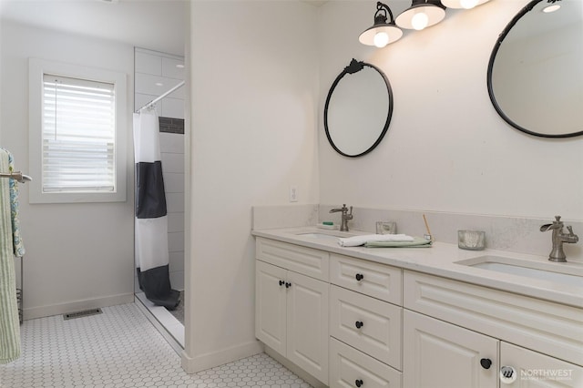 1392 Myers Dr, Ferndale, WA 98248 - bathroom featuring double vanity, a shower with curtain, and baseboards
