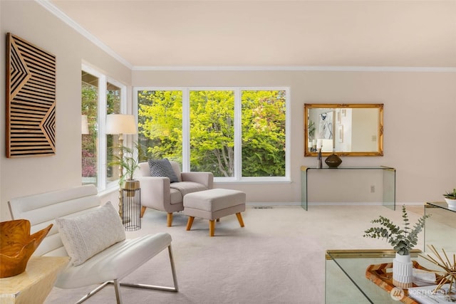 7915 SE 34th St, Mercer Island, WA 98040 - carpeted living room featuring ornamental molding, plenty of natural light, and baseboards