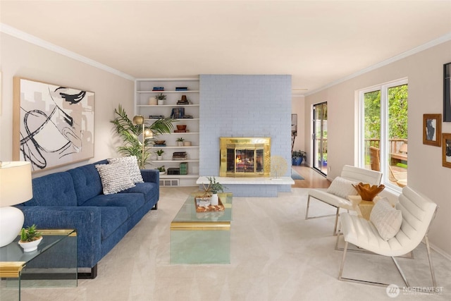 7915 SE 34th St, Mercer Island, WA 98040 - living area featuring ornamental molding, a fireplace, and built in shelves