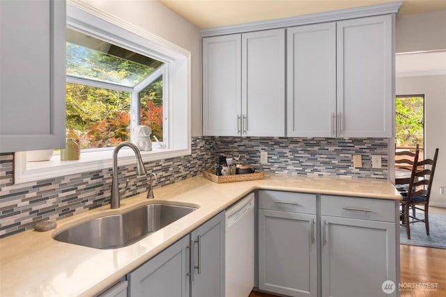 7915 SE 34th St, Mercer Island, WA 98040 - kitchen featuring a sink, dishwasher, gray cabinetry, and light countertops