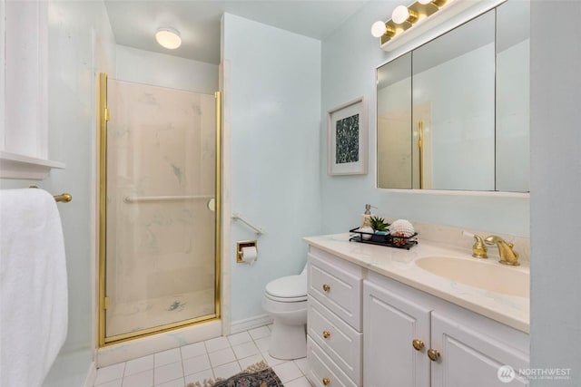 7915 SE 34th St, Mercer Island, WA 98040 - bathroom featuring toilet, tile patterned flooring, a stall shower, vanity, and baseboards