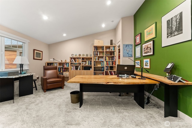7342 Huckleberry Rd NW, Olympia, WA 98502 - office featuring carpet floors, recessed lighting, vaulted ceiling, and baseboards