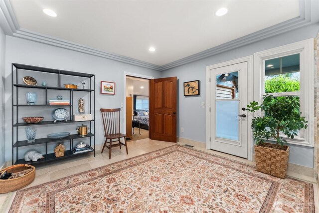 7342 Huckleberry Rd NW, Olympia, WA 98502 - sitting room with crown molding, tile patterned flooring, recessed lighting, and baseboards