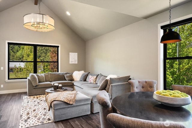 381 Pebble Beach Dr, Cle Elum, WA 98922 - living area with dark wood finished floors, baseboards, high vaulted ceiling, and recessed lighting