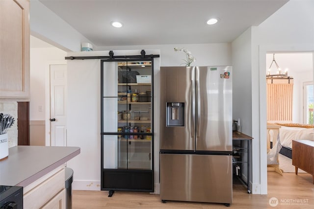 2707 Angel Ln, East Wenatchee, WA 98802 - kitchen featuring stainless steel refrigerator with ice dispenser, light wood-type flooring, recessed lighting, and a chandelier