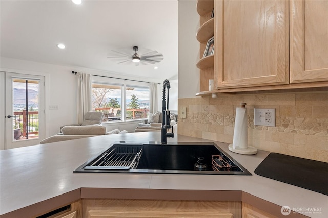 2707 Angel Ln, East Wenatchee, WA 98802 - kitchen with open shelves, light brown cabinets, healthy amount of natural light, open floor plan, and recessed lighting