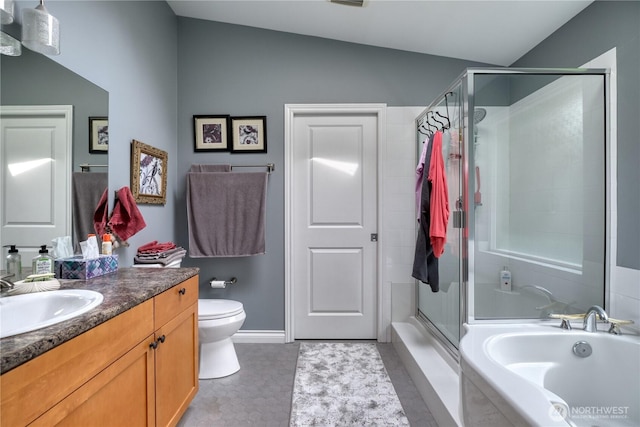 157 Northwood Dr, Point Roberts, WA 98281 - full bathroom featuring a bathtub, vaulted ceiling, a shower with door, vanity, and toilet