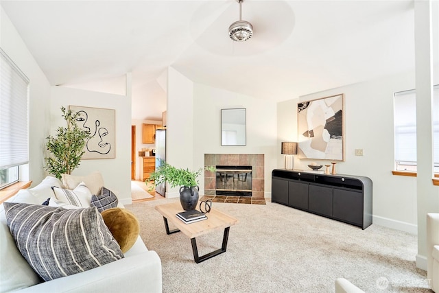 9514 Sand Point Way NE, Seattle, WA 98115 - living area with lofted ceiling, a ceiling fan, carpet flooring, a fireplace, and baseboards