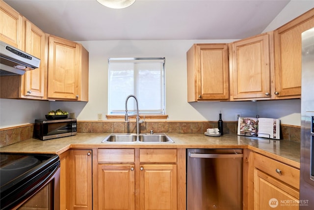 9514 Sand Point Way NE, Seattle, WA 98115 - kitchen featuring appliances with stainless steel finishes, a sink, range hood, and light brown cabinetry