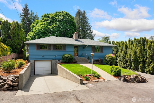 229 S 171st St, Burien, WA 98148 - ranch-style home with a chimney, a garage, concrete driveway, a front yard, and roof with shingles