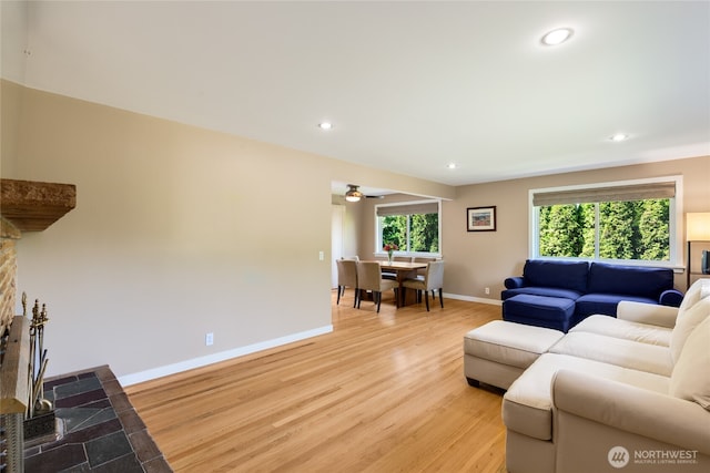 229 S 171st St, Burien, WA 98148 - living area with baseboards, light wood-style floors, recessed lighting, and a ceiling fan