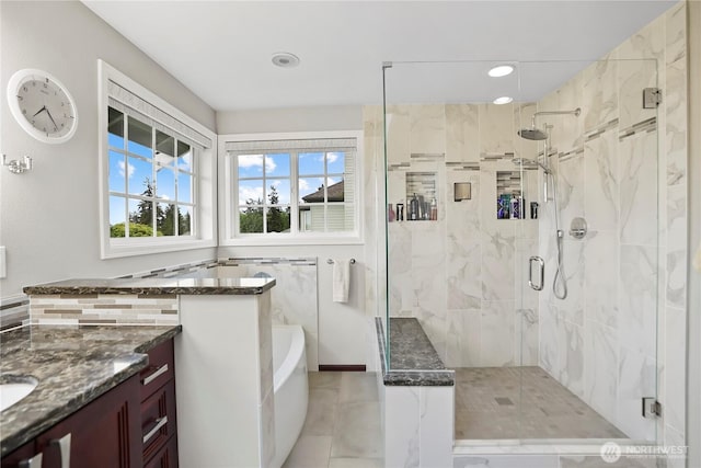 2601 59th St SW, Everett, WA 98203 - bathroom with a bath, vanity, a marble finish shower, and recessed lighting