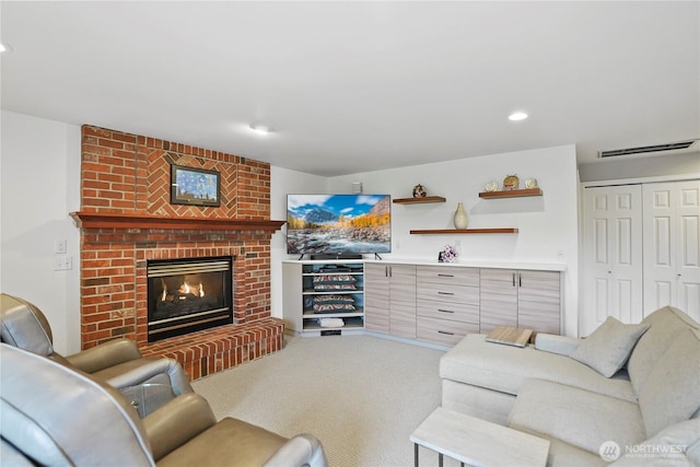 2601 59th St SW, Everett, WA 98203 - living room featuring a fireplace, recessed lighting, and carpet floors