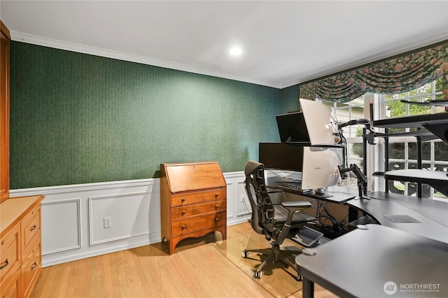 2601 59th St SW, Everett, WA 98203 - office area with ornamental molding, light wood-style floors, wainscoting, and wallpapered walls