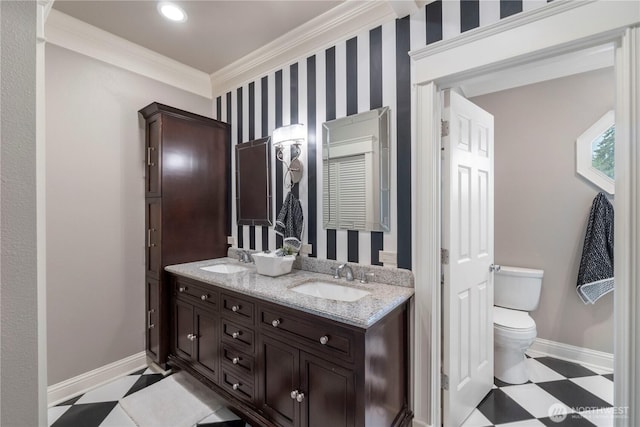 4217 Lakeridge Dr E, Lake Tapps, WA 98391 - bathroom featuring tile patterned floors, toilet, crown molding, double vanity, and baseboards