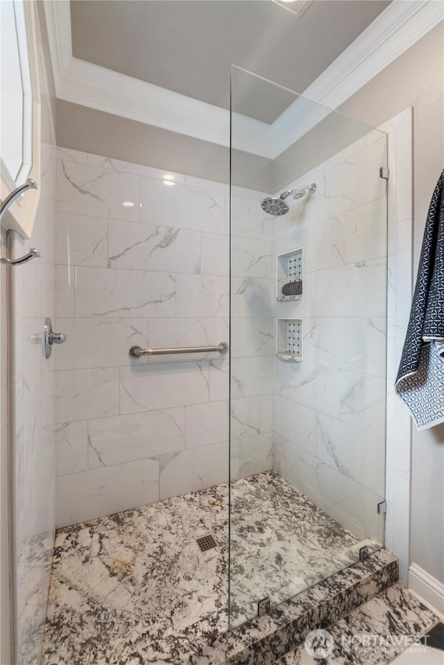 4217 Lakeridge Dr E, Lake Tapps, WA 98391 - bathroom with crown molding and a walk in shower