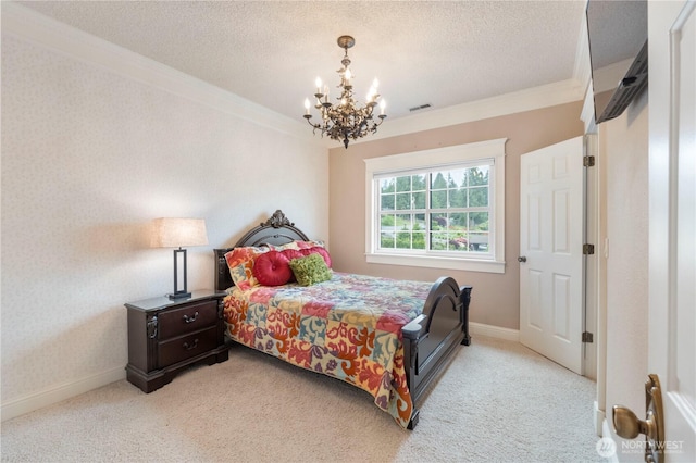 4217 Lakeridge Dr E, Lake Tapps, WA 98391 - bedroom featuring a chandelier, light colored carpet, ornamental molding, a textured ceiling, and baseboards