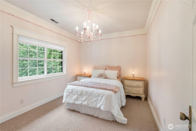 4217 Lakeridge Dr E, Lake Tapps, WA 98391 - bedroom featuring crown molding, a chandelier, a textured ceiling, carpet flooring, and baseboards