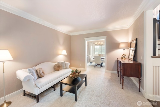 4217 Lakeridge Dr E, Lake Tapps, WA 98391 - living area featuring crown molding, a chandelier, light carpet, and baseboards