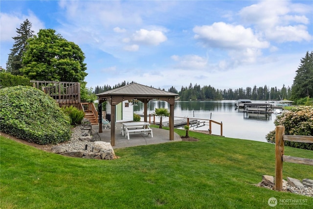 4217 Lakeridge Dr E, Lake Tapps, WA 98391 - dock area with a yard, a water view, stairway, and a gazebo