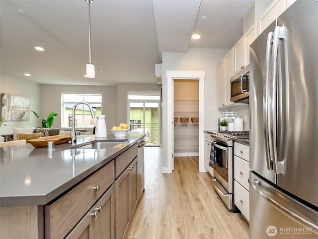 16001 1st Ave NE, Duvall, WA 98019 - kitchen featuring stainless steel appliances, a sink, light wood-style floors, recessed lighting, and dark countertops