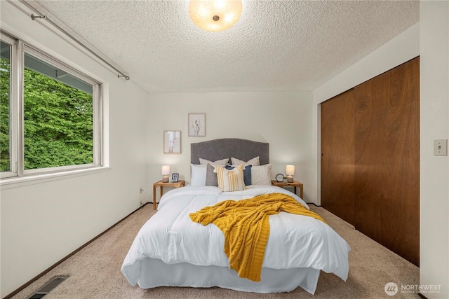 bedroom featuring carpet, a textured ceiling, and a closet