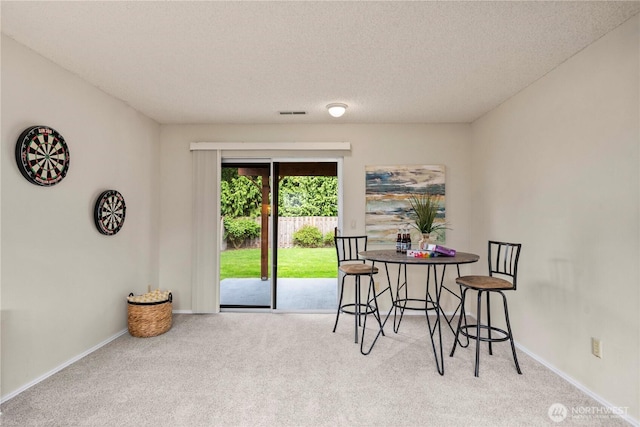 carpeted dining room featuring baseboards and a textured ceiling