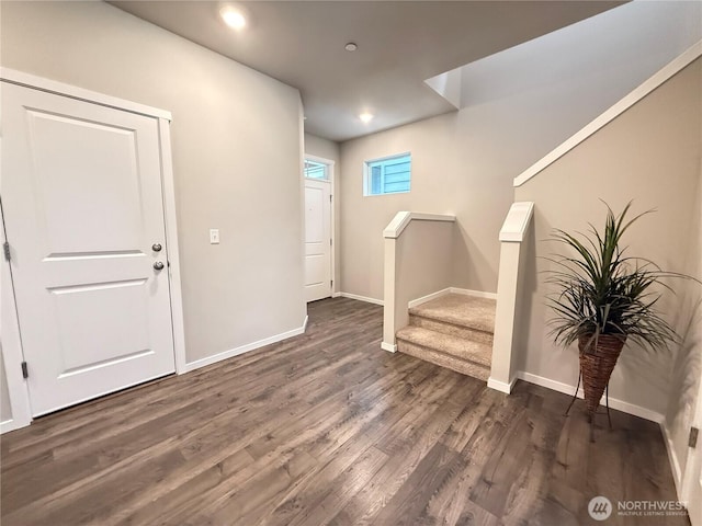18708 108th Ave SE, Puyallup, WA 98374 - foyer entrance featuring stairs, dark wood-type flooring, baseboards, and recessed lighting