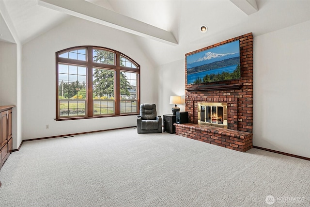 16915 32nd Ave E, Tacoma, WA 98446 - living room featuring carpet flooring, a brick fireplace, high vaulted ceiling, and baseboards