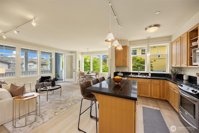 120 Hall Brothers Loop NW Unit 103, Bainbridge Island, WA 98110 - kitchen featuring stainless steel gas range, rail lighting, open floor plan, a sink, and a kitchen island