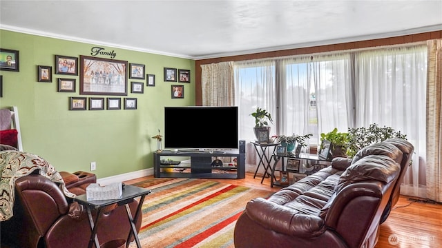 1102 E Elm St, Othello, WA 99344 - living area featuring wood finished floors, ornamental molding, and baseboards