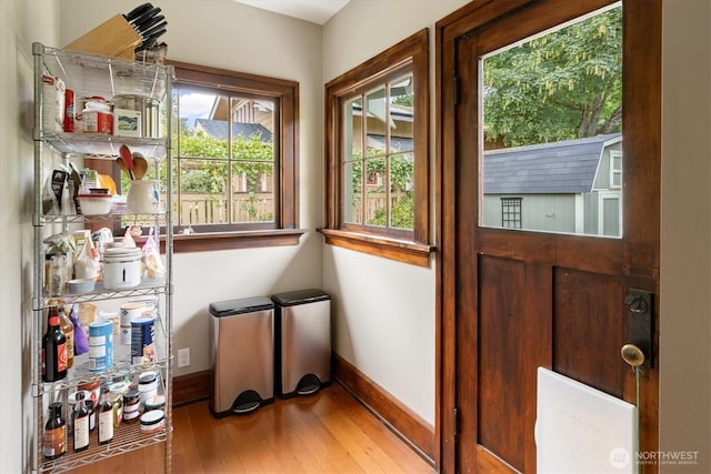 entryway featuring wood-type flooring and baseboards