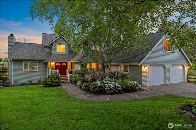 8484 NE County Park Rd, Bainbridge Island, WA 98110 - traditional-style home featuring asphalt driveway, a front yard, roof with shingles, and a chimney