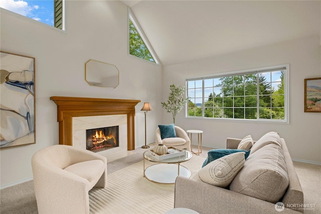 8484 NE County Park Rd, Bainbridge Island, WA 98110 - living room featuring carpet floors, baseboards, a premium fireplace, and high vaulted ceiling