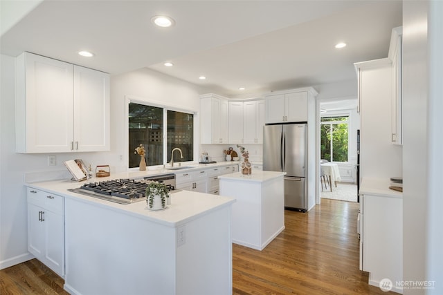 20347 86th Pl NE, Bothell, WA 98011 - kitchen with stainless steel appliances, a sink, wood finished floors, a peninsula, and light countertops