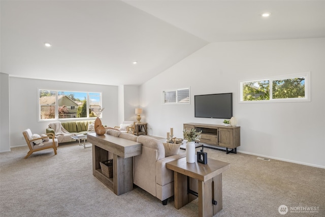 20347 86th Pl NE, Bothell, WA 98011 - living area with light carpet, lofted ceiling, recessed lighting, and baseboards